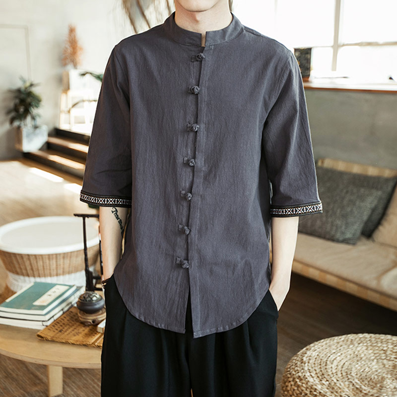Chinese wind men's clothing big size 50% sleeves disc buckle cotton linen shirt man retro linen youth standout collar dont short sleeve summer