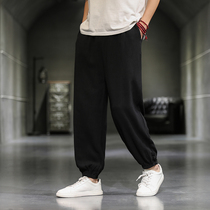 Chinese style pants men summer thin loose linen casual bunches feet haarren pants size solid color cotton linen ankle-length pants