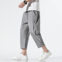 Summer Capri pants Mens Loose Feet Harren Pants Chinese Wind Buckling Cotton Hemp 7-point Pants Thin Casual Short Pants