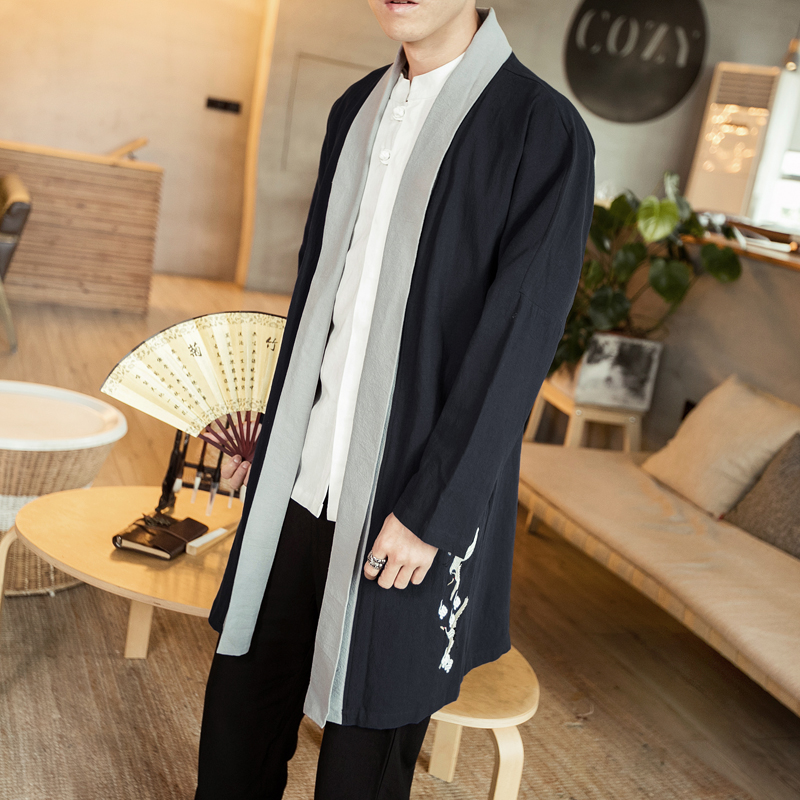 Autumn Chinese style embroidery vintage cotton and linen Taopao Trench coat Chinese meditation suit Hanfu Men's ancient cloak jacket