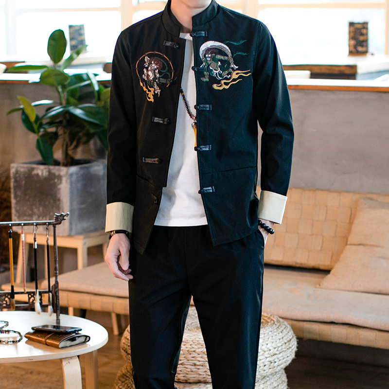 Spring and autumn jacket costume jacket men's Chinese style buckle Tang suit Youth tunic retro Han suit suit trend