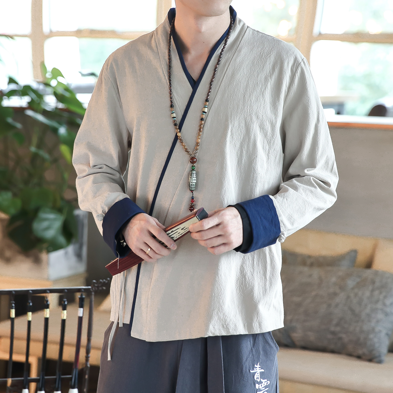 Autumn Chinese style oblique lapel collar long-sleeved Hanfu men's ancient style Taoist robe ancient costume Zen clothing layman clothing ethnic style men's clothing