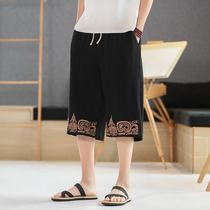 Linen 7 Capri pants Men 2021 New Summer Thin Loose Straight Casual Shorts Trend Pants Wide Leg Pants