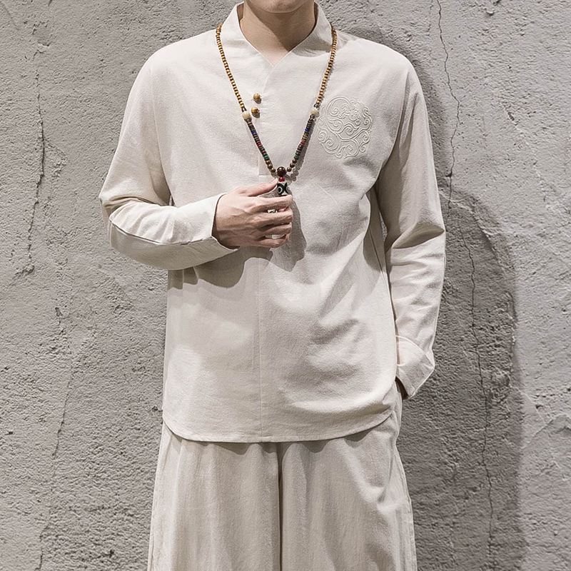 春季中国风棉麻汉服套装中式复古风男装大码亚麻居士服禅服两件套