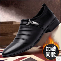 Mens leather shoes business formal casual white plus velvet set feet non-slip pointed large size fashion British soft sole mens shoes