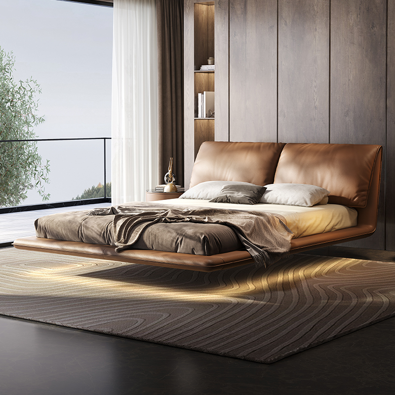 Baxter Elephant Ear Bed Italian Minimalist Floating Genuine Leather Top Layer Cowhide Double Bed Beech Wood Master Bedroom King Bed