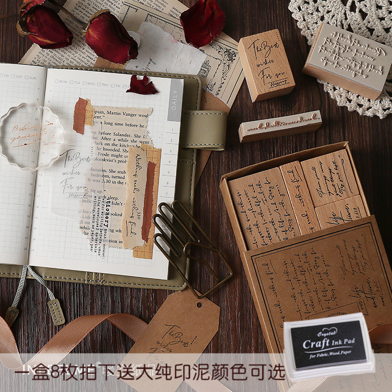 Text combination hand account Wooden seal Vintage English alphabet hand account tool set Cute collage diy seal