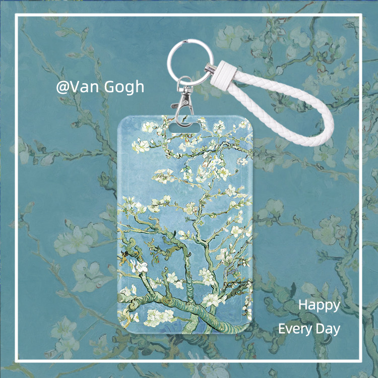 Van Gogh oil painting almond blossom card holder, ID card, student campus meal card, water card, access control lanyard, keychain, high-end feel
