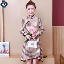 Improved version of cheongsam plus size slim spring and autumn ethnic style slim plaid skirt lace splicing irregular dress