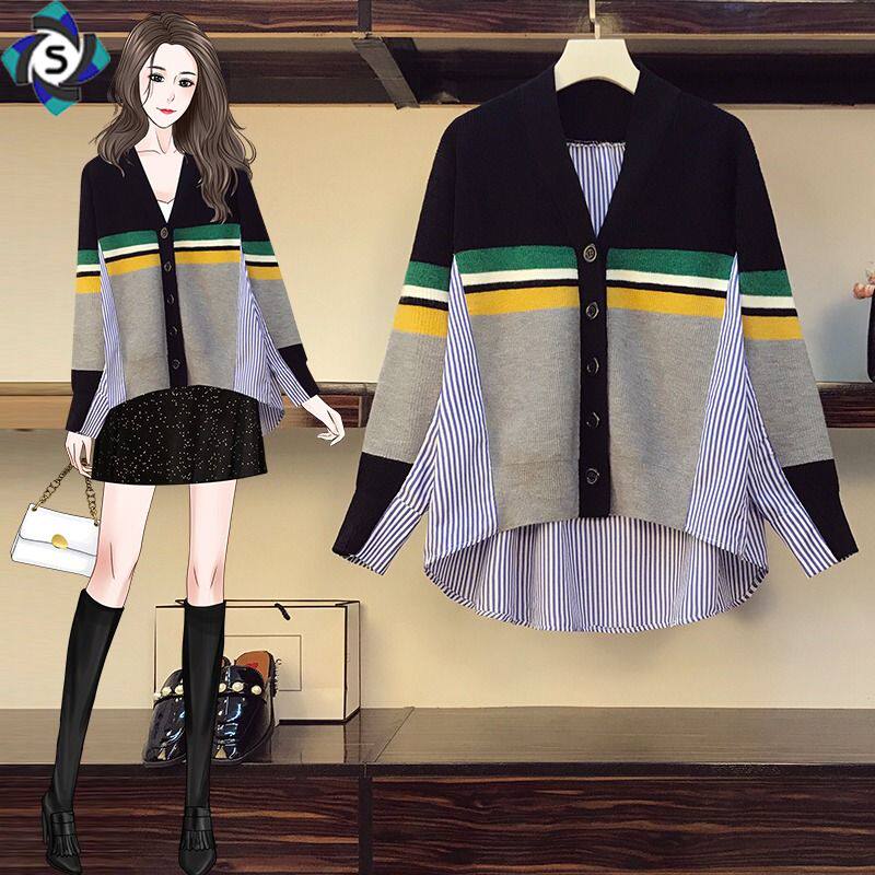 Jacket Woman Spring Autumn Large Size Striped Shirt Splicing Irregular Design Sense Loose lazy wind student cardigan sweater