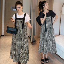 Summer dress new suspenders long skirt Korean fashion backpack skirt T-shirt two-piece Net red style pregnant women dress