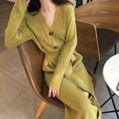 Pregnant Woman Foreign Dress V Collar Temperament Over Knee Knitted Dress Pregnancy Outside Advanced Autumn Winter Pregnant Woman Foreign Dress Long Dress