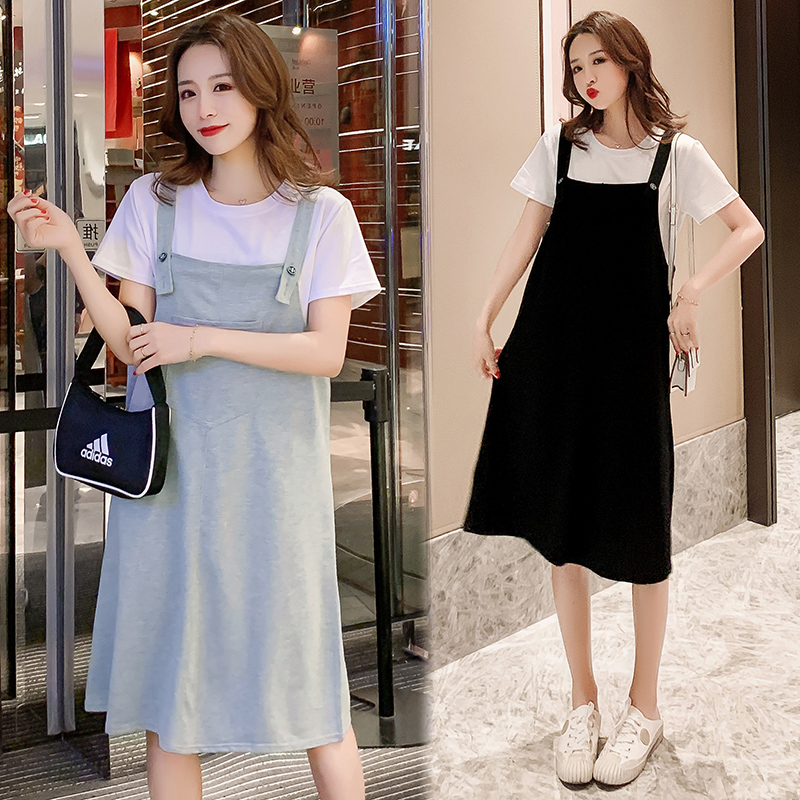 Maternity summer wear new loose back skirt two-piece set cotton T-shirt + slip dress dress net red tide