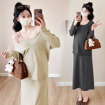 High-end hot mom maternity wear new spring and autumn lazy style knitted blouse suspender skirt suit knitted dress