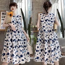 High-grade pregnant womens summer doll skirt wave spots loose size pregnant womens dress style vest chiffon dress