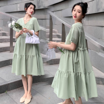Pregnant womens summer clothes new trendy mom net red pregnant womens skirt Korean short-sleeved loose thin plus size pregnant womens dress