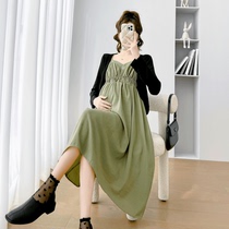 Maternity dress new fashion summer two-piece suit high-end temperament suspender skirt loose large size V-neck skirt
