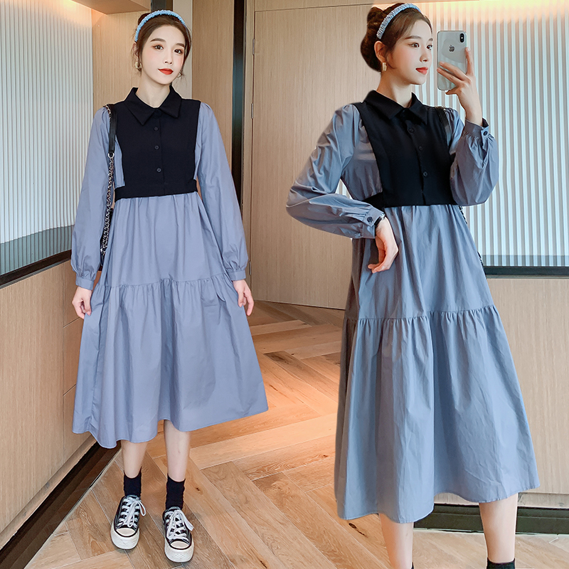 Korean version loose stitching fake two autumn large size maternity dress Nursing dress Large size women's spring and autumn new
