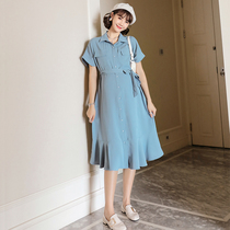 Summer womens short sleeves Korean solid color temperament shirt belt pregnant womens dress Net red style skirt