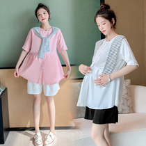 Chaomama pregnant womens new Korean version of loose shirt shorts two-piece summer out fashion belly pants