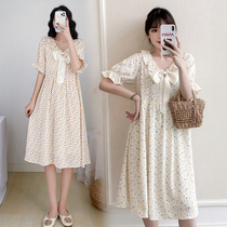 Summer sweet V-neck bow chiffon floral skirt thin loose size pregnant womens dress Net red Foreign