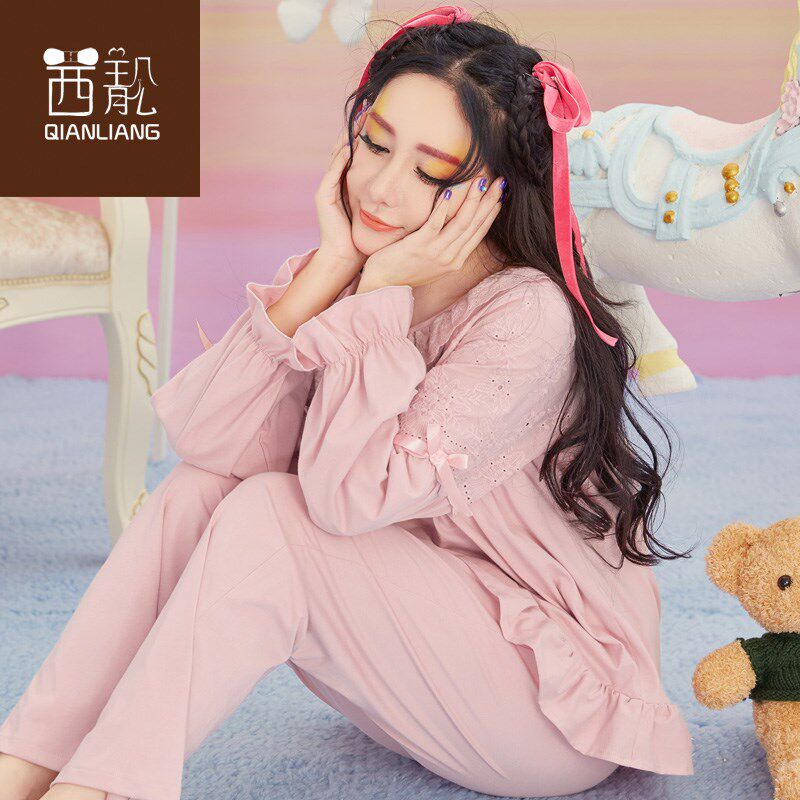 Sleepwear lady Spring and autumn winter extras in pure cotton long sleeves Two sets of ladies Home Residence Suit Fall 2021 New-Taobao