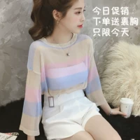 Mùa hè 2018 mới áo hoodie rộng màu lụa sáng sọc áo len chống nắng nữ sinh viên áo sơ mi mỏng quần áo nữ đẹp