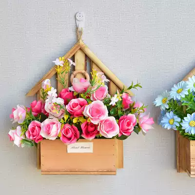 Wall hanging solid wood flower basket simulation flower set wall decoration background wall living room bedroom hanging wall simulation dry flower fake flower