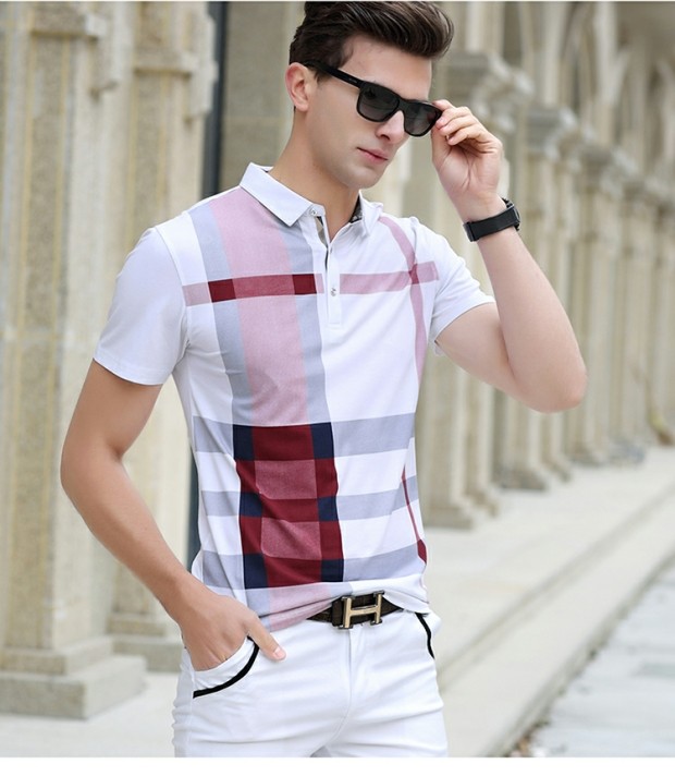 Thanh niên ngắn tay áo thun mùa hè kẻ sọc cotton kẻ sọc POLO áo sơ mi nam màu trắng cotton giản dị rộng lớn áo phông có cổ