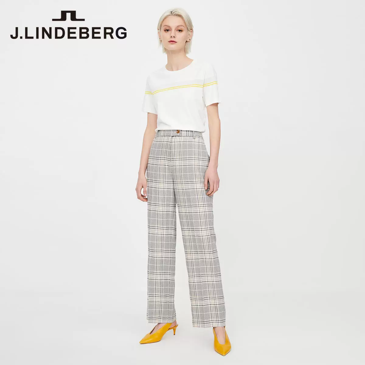 Плотные женские брюки с рисунком в клетку весной от JLINDEBERG Jin Lindberg, прямые, широкие штанины, брюки в стиле костюма