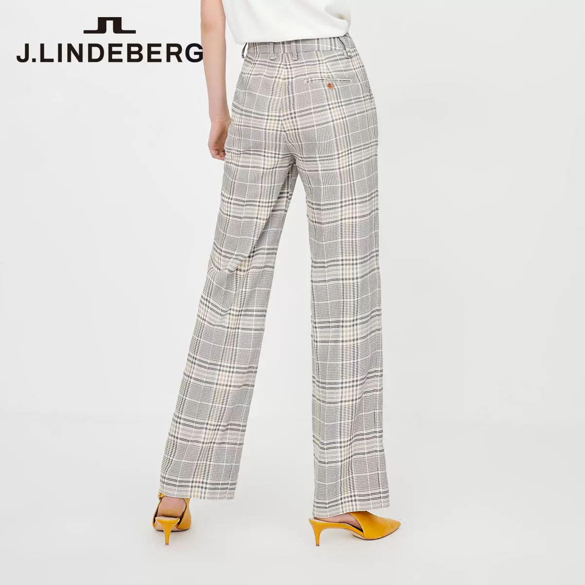 Плотные женские брюки с рисунком в клетку весной от JLINDEBERG Jin Lindberg, прямые, широкие штанины, брюки в стиле костюма