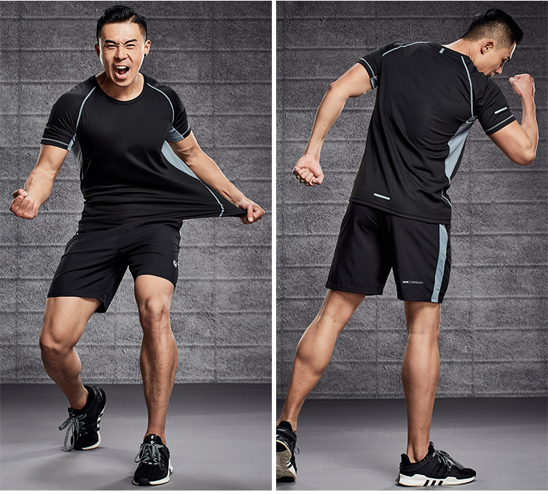 Buổi sáng chạy bộ đồ thể thao nam mùa hè mỏng thể dục chạy bộ quần áo nhanh khô thoáng khí quần short tay ngắn quần áo thể thao - Thể thao sau áo thể thao