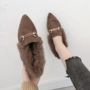Giày Maomao mũi nhọn đơn 2018 mùa thu đông ấm áp cộng với giày nhung thấp Học sinh Hàn Quốc bằng da lộn với giày đậu Hà Lan giày nữ trắng