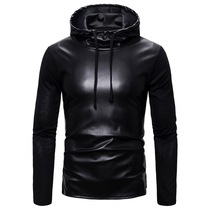 Autumn long sleeve leather T-shirt tide brand men's large size slim hooded fashion black leather men's T-shirt rock bottoming shirt