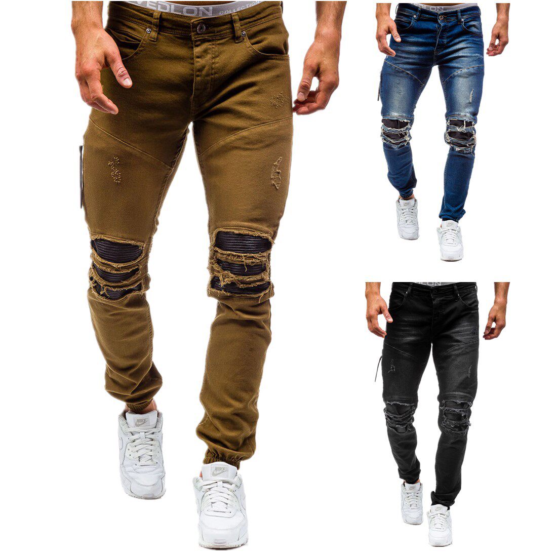 Tide Cards Men's Jeans Men's Pure Cotton Sashimi Elastic Folds Parquet Individuality Bungling Pants Breaking Holes Kharen Long Pants