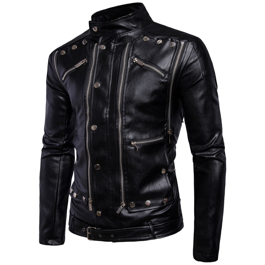 Rock men's leather jacket punk youth motorcycle clothing men's motorcycle riding clothing multi-zip rivet jacket leather jacket