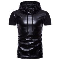 Short sleeve male thin leather splicing T-shirt male fit personality repairs to cap trendy black Nehitch wearing t-shirt male jersey undershirt