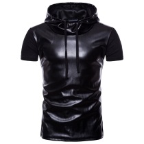 Short-sleeved mens thin leather stitching T-shirt mens personality slim hooded trend black interior wear T-shirt mens base shirt