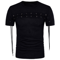 Tide Sign Tether Rope Strap Short Sleeve T-Shirt Male Korean Version Fashion Round Hip Hop Street Dance Black T-shirt Nightclub Trendy Mens Summer