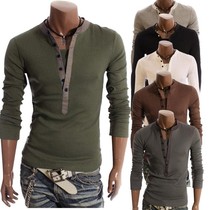 Spring and Autumn Men's Tide Brand T-shirt Casual Fake Two Long Sleeve V-neck T-shirt Men's Foreign Trade Men's Fashion T-shirt Clothes