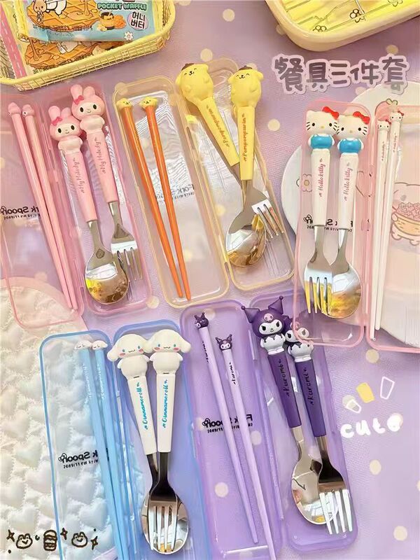 Boxed Stainless Steel Fork, Spoon, and Chopsticks Portable Cutlery Cute Cartoon Children's Student Dining Doll-Shaped Tableware
