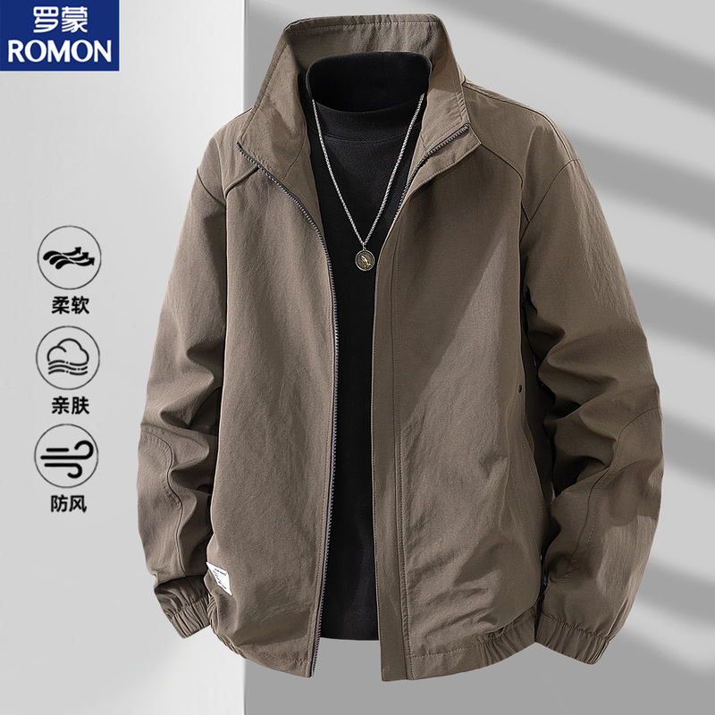 Romon 2026 New Retro Workwear Jacket for Men, Textured Solid Color Coat, Spring and Autumn Trendy Stand Collar Windproof Jacket