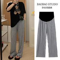 Pregnant Women wide leg pants women Summer thin lazy loose loose outer wear belly black and white plaid folded straight casual pants