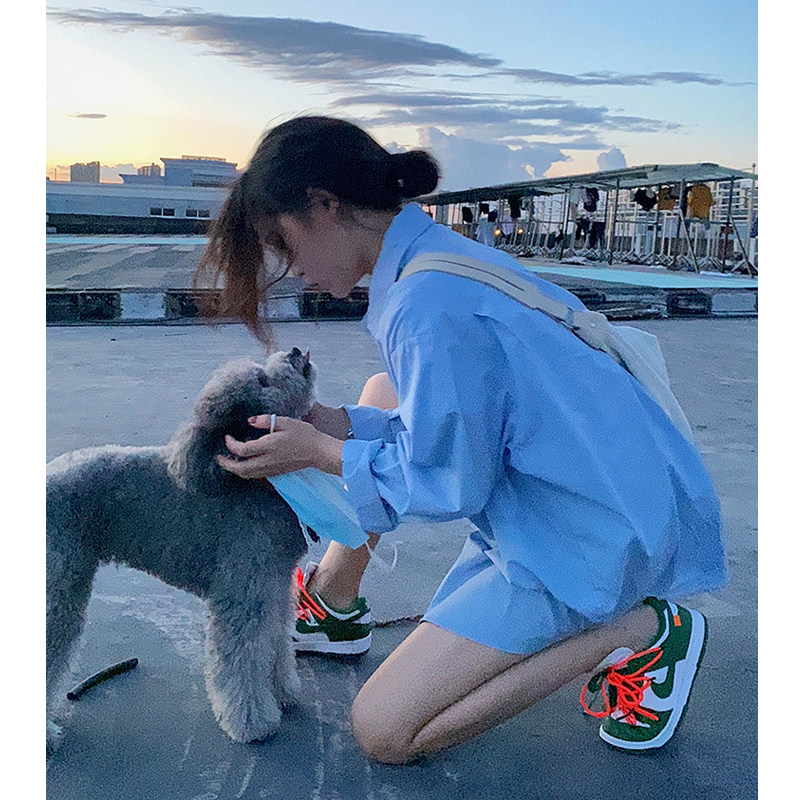 Pregnant women spring clothes fashion new tops loose Korean blue shirts show thin cover belly trendy mom shirts summer thin section