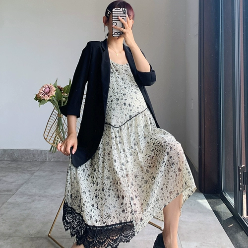 Платье для беременных, юбка, свежая летняя одежда, длинное платье-комбинация, цветочный принт, свободный крой, средней длины, городской стиль