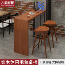 Bar table and chair solid wood commercial balcony bar table narrow dining table marble strip against the wall home high foot table