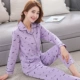 Bộ đồ ngủ nữ hai mảnh bằng cotton dài tay mùa xuân và mùa thu mỏng phần nhà in mở khóa lớn mùa xuân và mùa thu bộ pijama lụa