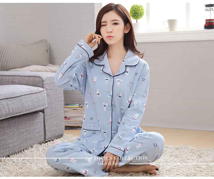 Đồ ngủ nữ cotton dài tay Hàn Quốc mùa xuân và mùa thu ladies thin phần hai mảnh XL cardigan dịch vụ nhà phù hợp với mùa hè