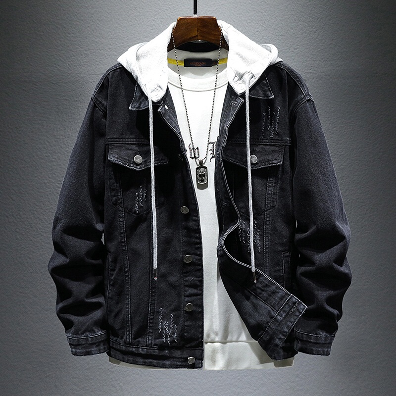 High-End Hooded Denim Jacket for Men, Stylish and Cool, Large Size, Spring and Autumn Style, Detachable Hood, Vintage Trendy Brand Outerwear High-End Hooded Denim Jacket for Men, Stylish and Cool, Large Size, Spring and Autumn Style, Detachable Hood, Vintage Trendy Brand Outerwear