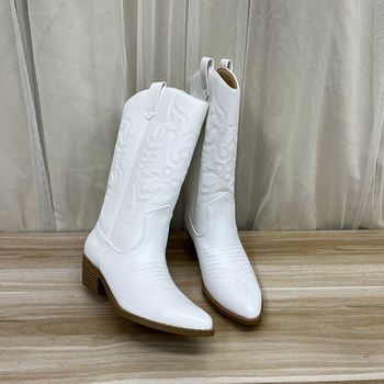 Foreign trade original single women's boots new style pointed toe embroidered retro thick heel solid color fashion mid-calf versatile comfortable temperament women's boots